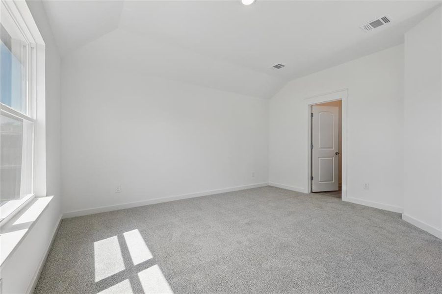 Spare room with lofted ceiling and light colored carpet
