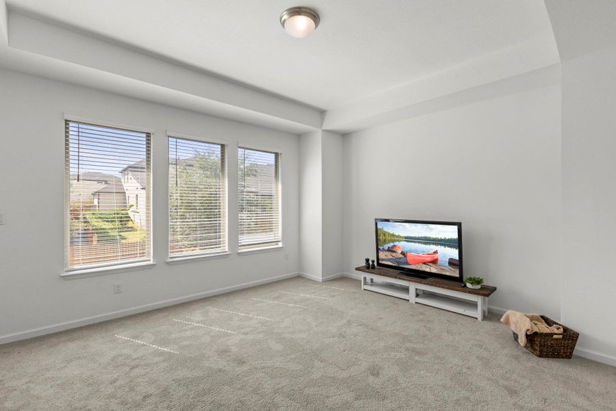 Generous windows fill this carpeted living space with natural light.
