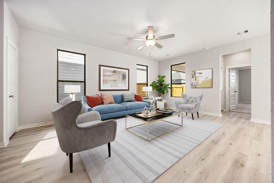 Gather the family and guests together in your lovely living room! Featuring soaring high ceilings, recessed lighting, dark stained ceiling fan, custom paint, gorgeous tile floors, and large windows that provide plenty of natural lighting throughout the day! *Virtually Staged Gather the family and guests together in your lovely living room! Featuring soaring high ceilings, recessed lighting, dark stained ceiling fan, custom paint, gorgeous tile floors, and large windows that provide plenty of natural lighting throughout the day! *Virtually Staged