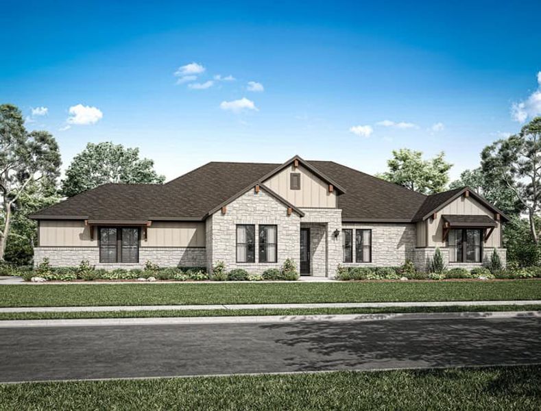 Representative exterior photo of a completed home built from the 3385 by Gracepoint Homes in The Manors, New Waverly, TX (Image 1). Representative exterior photo of a completed home built from the 3385 by Gracepoint Homes in The Manors, New Waverly, TX (Image 1).