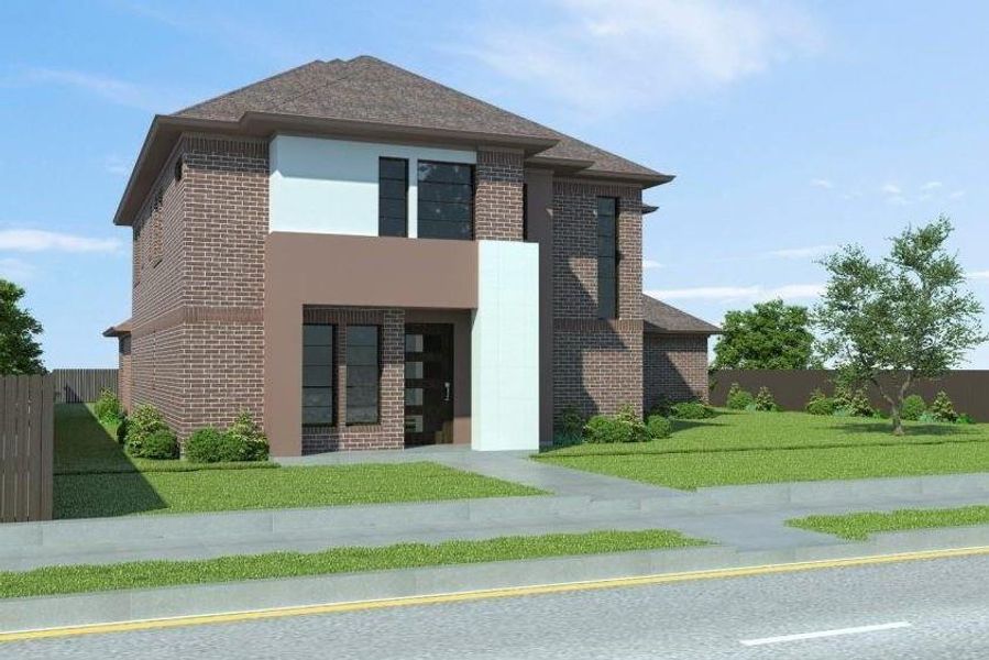 Contemporary house with brick siding, a front yard, and fence