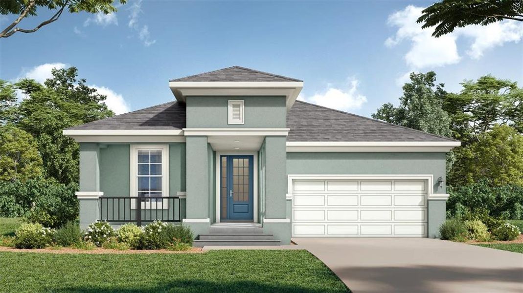Front exterior of a new home in Primrose at Longleaf, New Port Richey, FL, highlighting curb appeal (Image 1). Front exterior of a new home in Primrose at Longleaf, New Port Richey, FL, highlighting curb appeal (Image 1).