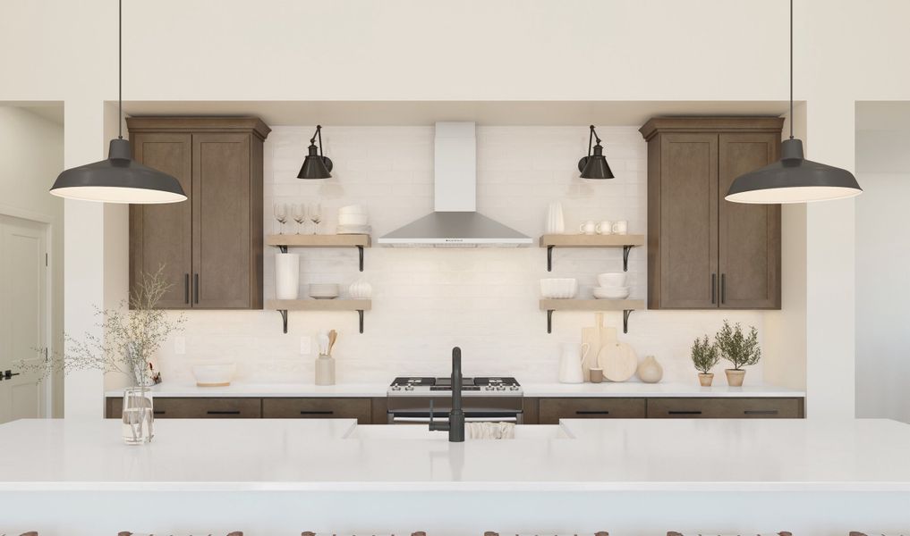 Kitchen with pendant lighting and floating shelves