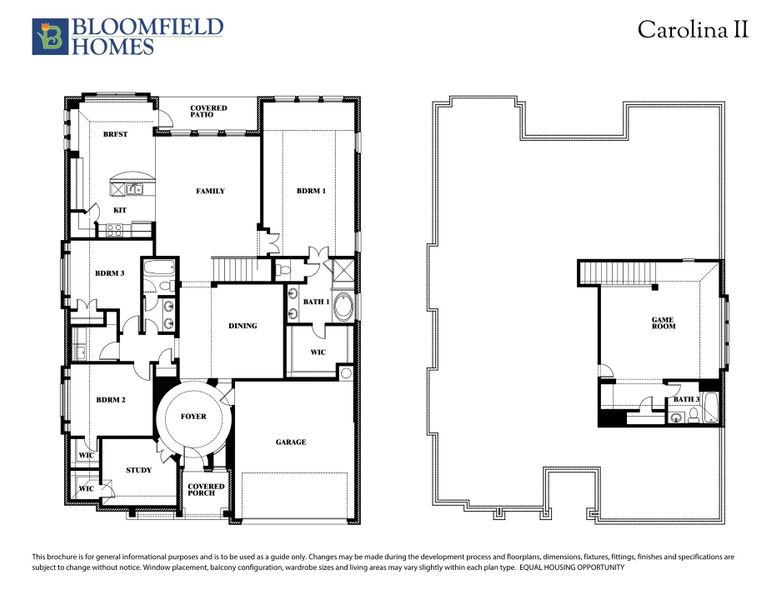 Bloomfield Homes Carolina II floor plan showing three bedrooms, study, family room, dining, garage, and upstairs game room.