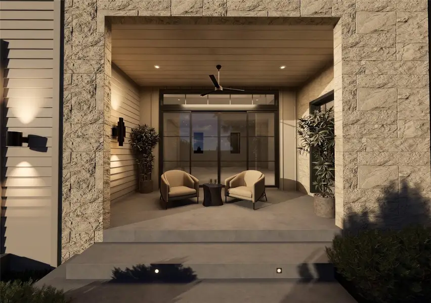 Framed in textured stone and warmed by layered lighting, this covered terrace feels like an intimate architectural moment carved from the façade itself. Sliding glass doors blur the boundary between indoors and out, creating the perfect setting for evening conversations under a softly turning fan. Framed in textured stone and warmed by layered lighting, this covered terrace feels like an intimate architectural moment carved from the façade itself. Sliding glass doors blur the boundary between indoors and out, creating the perfect setting for evening conversations under a softly turning fan.