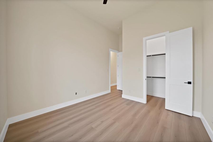 Unfurnished bedroom with light wood-style flooring, a walk in closet, and a ceiling fan Unfurnished bedroom with light wood-style flooring, a walk in closet, and a ceiling fan