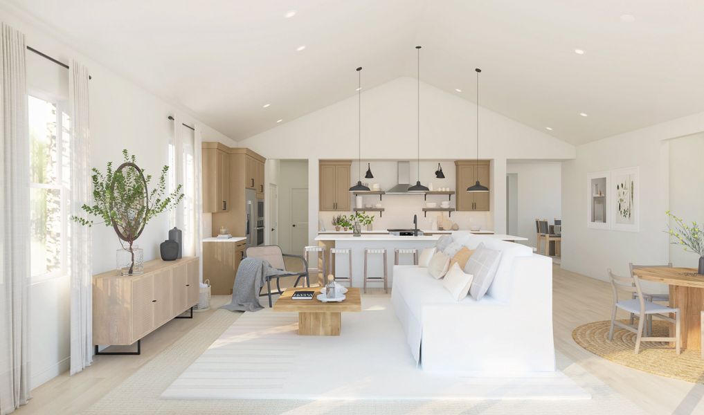 Great room with soaring vaulted ceiling