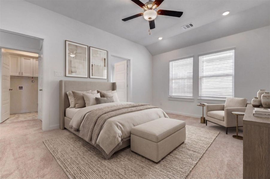 Spacious primary bedroom with plush carpet, high ceiling, ceiling fan, recessed lighting, and two windows for natural light. This private retreat offers plenty of room for a full bedroom furniture setup and a comfortable place to unwind. This photo has been virtually staged for visual reference.