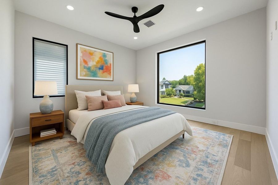 Virtually Staged. Generously scaled, this bedroom includes a custom walk-in closet with built-in cabinetry to maximize organization.