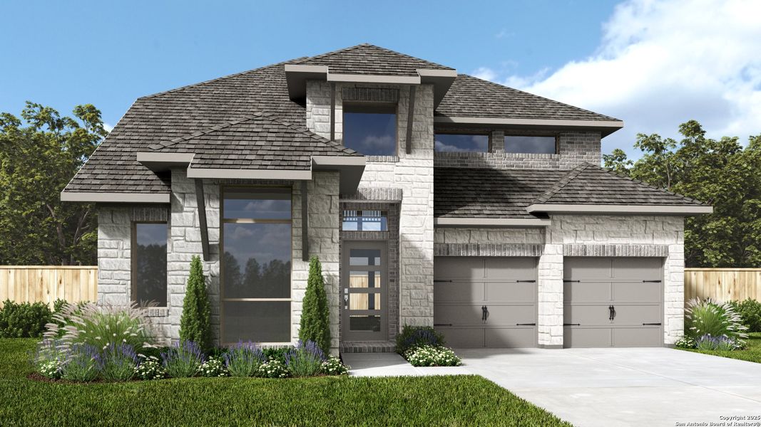 Front exterior of a new home in Arcadia Ridge 50', San Antonio, TX, highlighting curb appeal (Image 1).