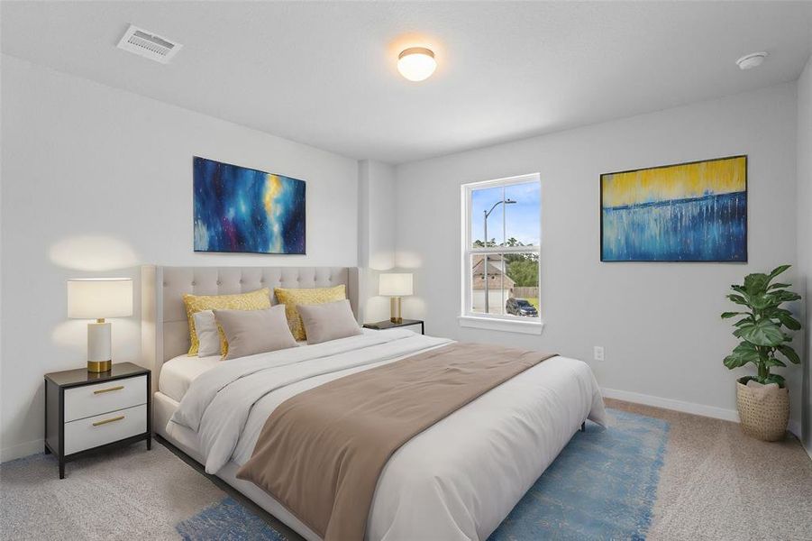 Secondary bedroom features plush carpet, custom paint, lighting, and a large window with privacy blinds.