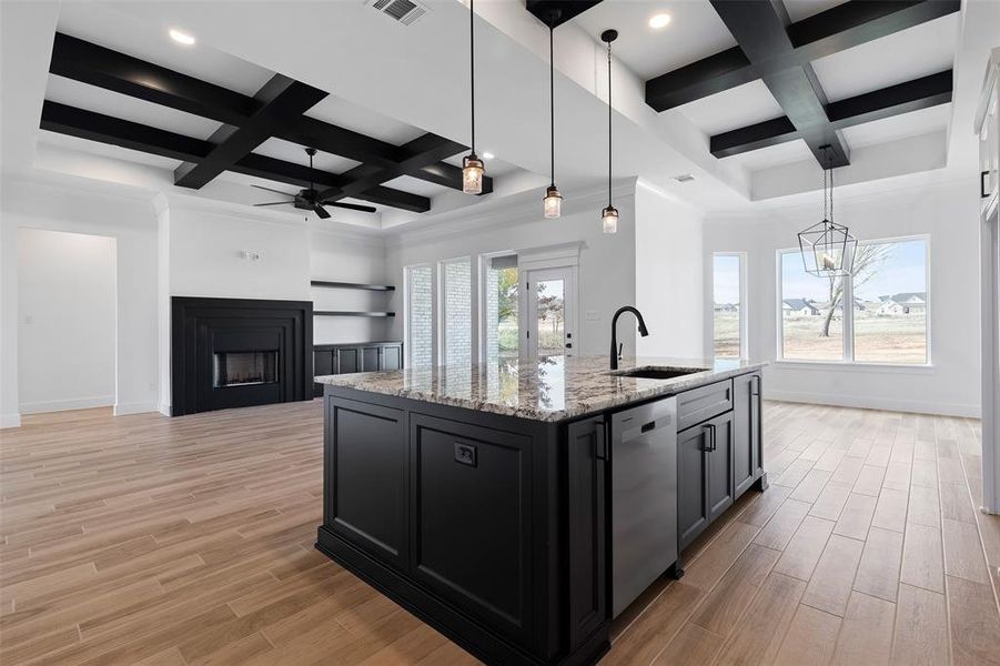 Kitchen with sink, coffered ceiling, plenty of natural light, and light stone counters