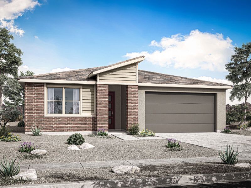 Front exterior of a new home in Landmarke, San Tan Valley, AZ, highlighting curb appeal (Image 1). Front exterior of a new home in Landmarke, San Tan Valley, AZ, highlighting curb appeal (Image 1).
