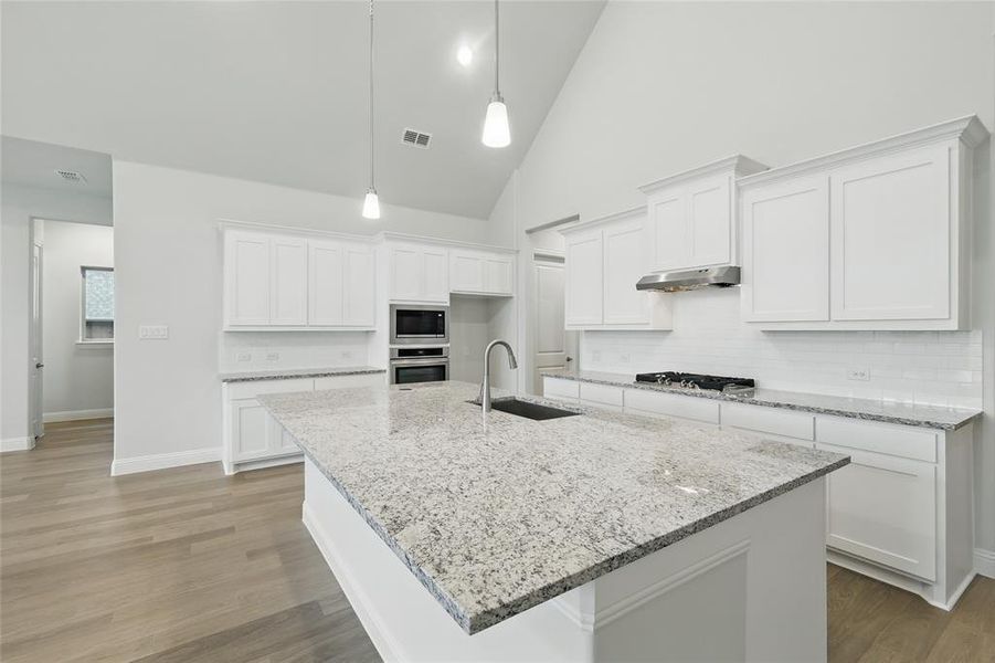 Kitchen featuring a sink, stainless steel appliances, high vaulted ceiling, white cabinets, and decorative backsplash Kitchen featuring a sink, stainless steel appliances, high vaulted ceiling, white cabinets, and decorative backsplash