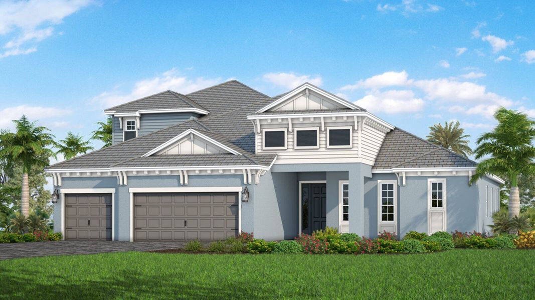 Front exterior of a new home in SkySail Real Estate and Homes for Sale in Naples, FL - Neal Communities, Naples, FL, highlighting curb appeal (Image 20). Front exterior of a new home in SkySail Real Estate and Homes for Sale in Naples, FL - Neal Communities, Naples, FL, highlighting curb appeal (Image 20).