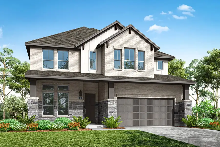 Front exterior of a new home in Lagos Reserve, Manor, TX, highlighting curb appeal (Image 1).