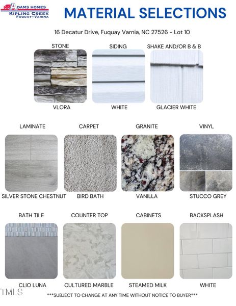 Material Color Selection Sheet