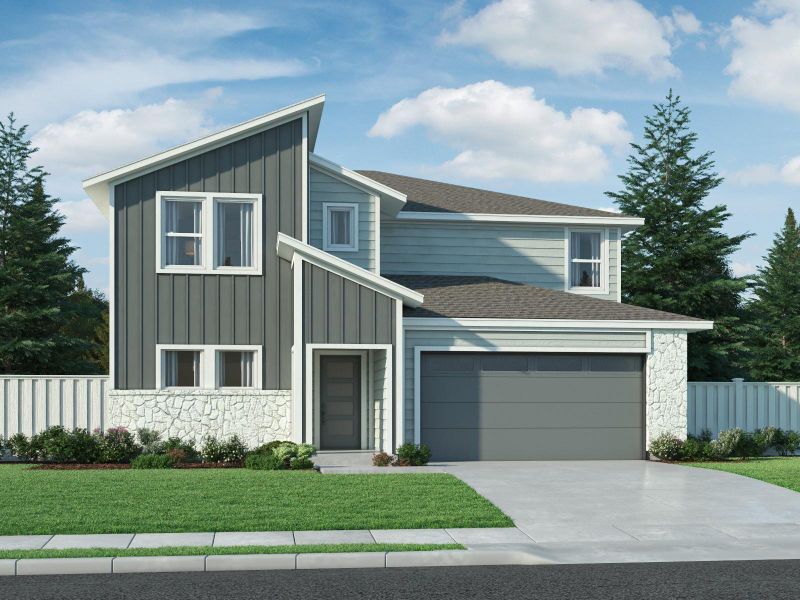 View of front of property featuring fence, board and batten siding, concrete driveway, and stone siding View of front of property featuring fence, board and batten siding, concrete driveway, and stone siding