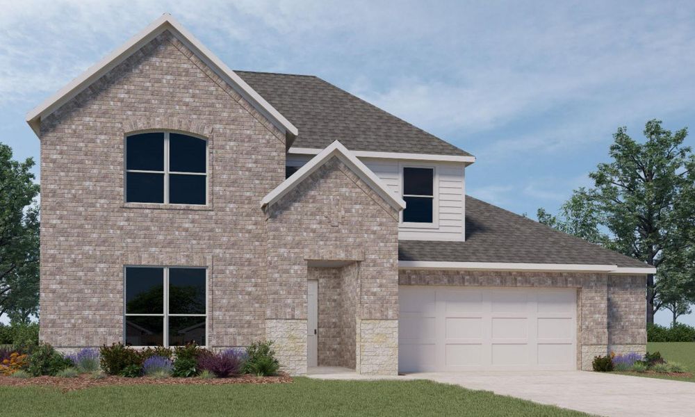 Front exterior of a new home in River Ranch Estates, Dayton, TX, highlighting curb appeal (Image 1).