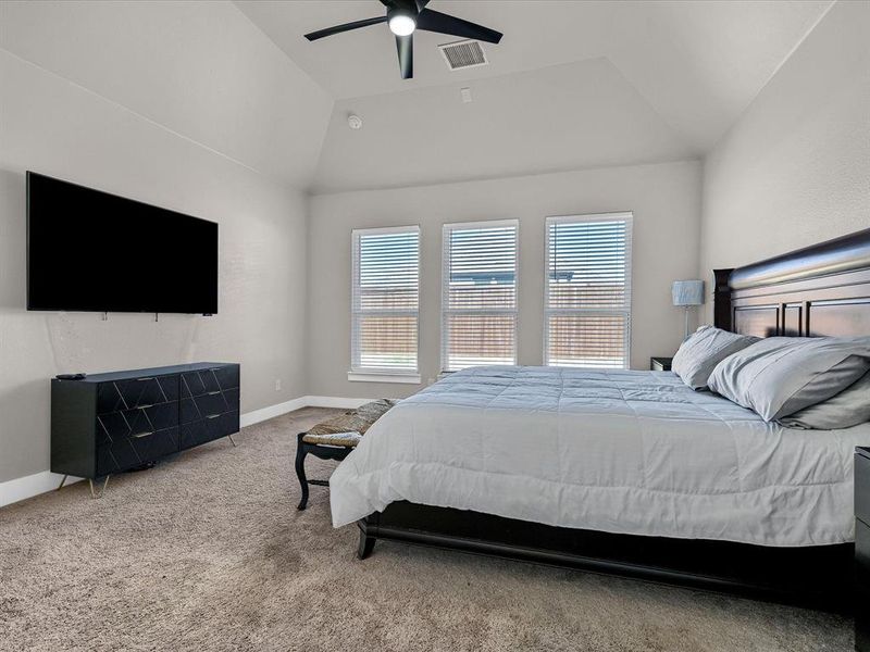 Carpeted bedroom featuring lofted ceiling and ceiling fan Carpeted bedroom featuring lofted ceiling and ceiling fan