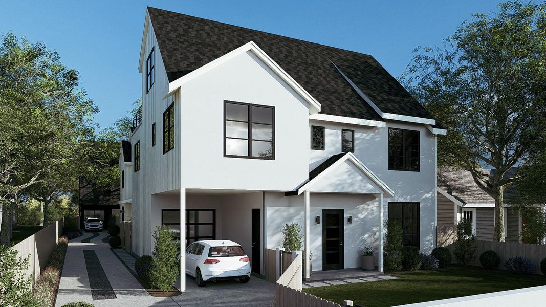 Modern farmhouse exterior with white vertical siding and a dark shingle roof