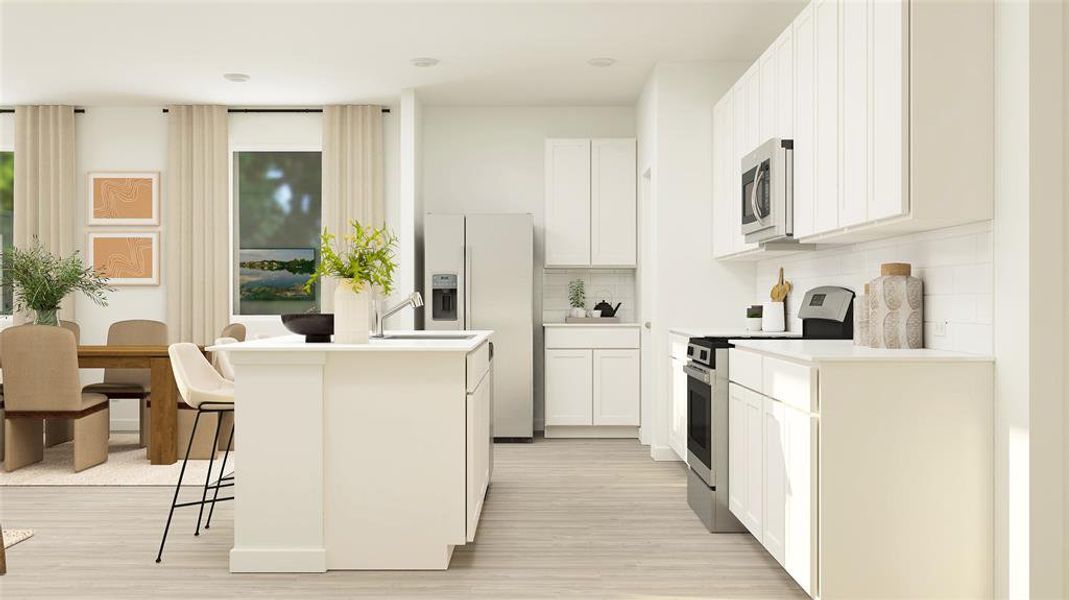 Kitchen with a kitchen breakfast bar, backsplash, stainless steel appliances, a kitchen island, and white cabinetry