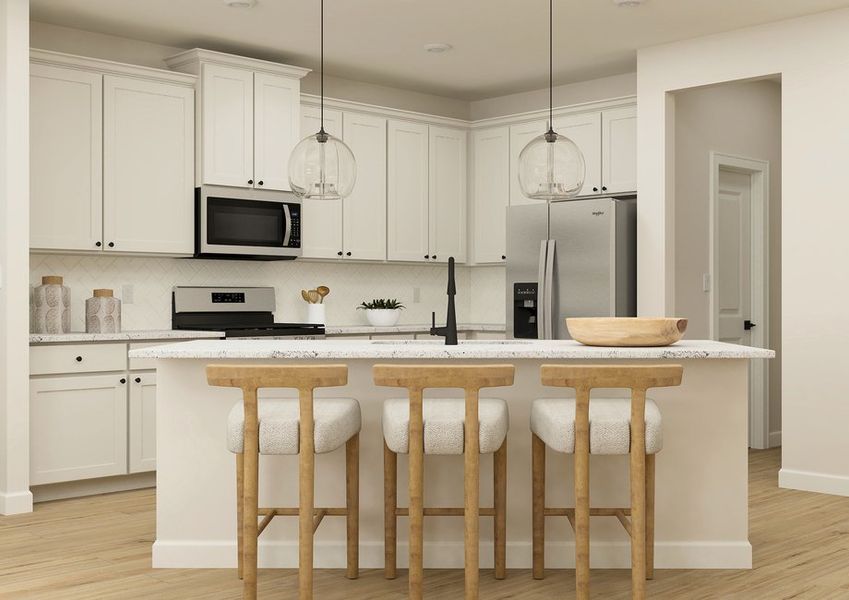 Rendering of a  kitchen with white cabinetry and stainless steel appliances. There are also  three barstools at the bar.
