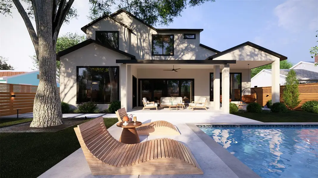 A spacious outdoor living area with a shimmering pool complements the modern home's exterior.