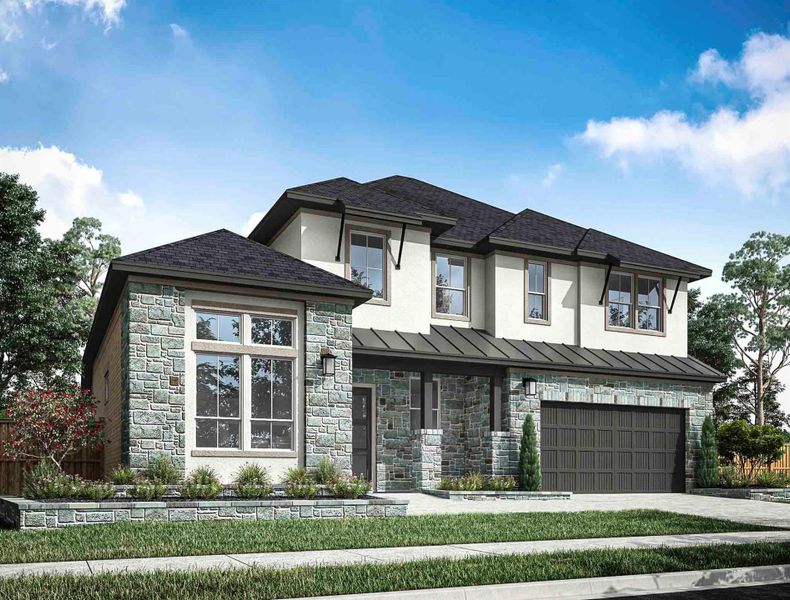 Front exterior of a new home in The Orchard At Pecan Ridge, Fulshear, TX, highlighting curb appeal (Image 1). Front exterior of a new home in The Orchard At Pecan Ridge, Fulshear, TX, highlighting curb appeal (Image 1).