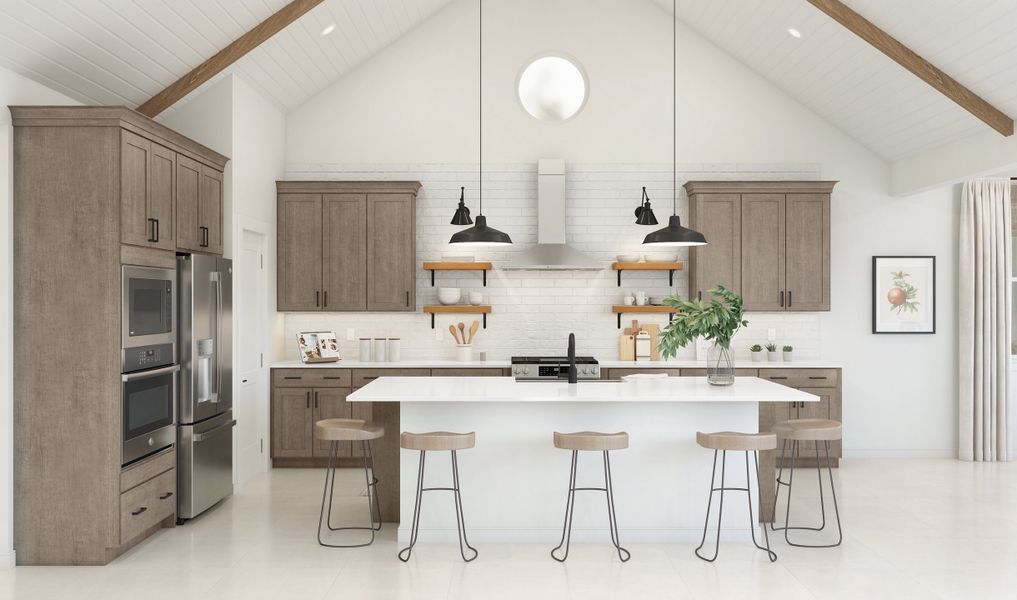 Kitchen with floating shelves and pendant lighting