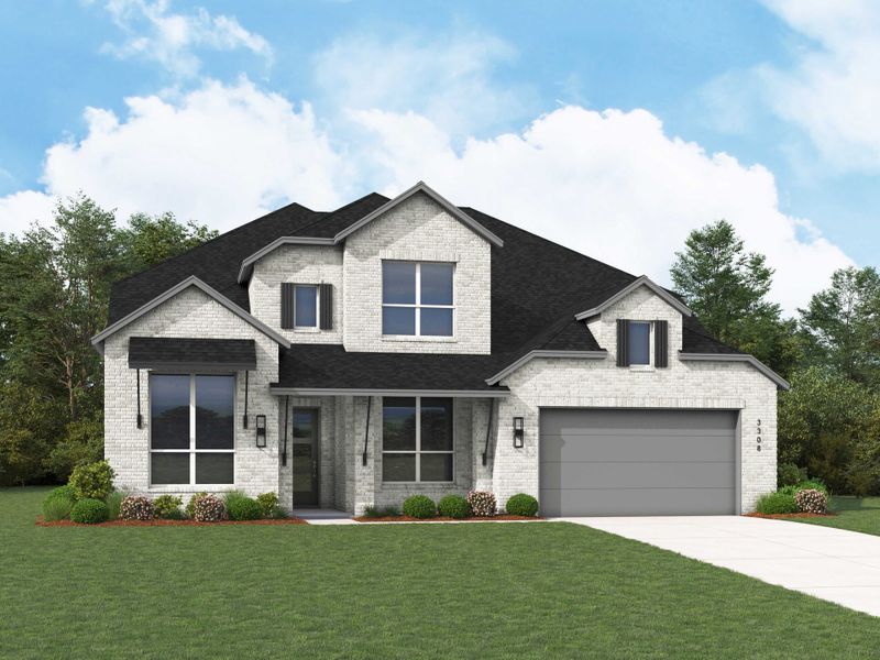 Representative exterior photo of a completed home built from the Leyland Plan by Highland Homes in Venado Crossing, Cibolo, TX (Image 1).