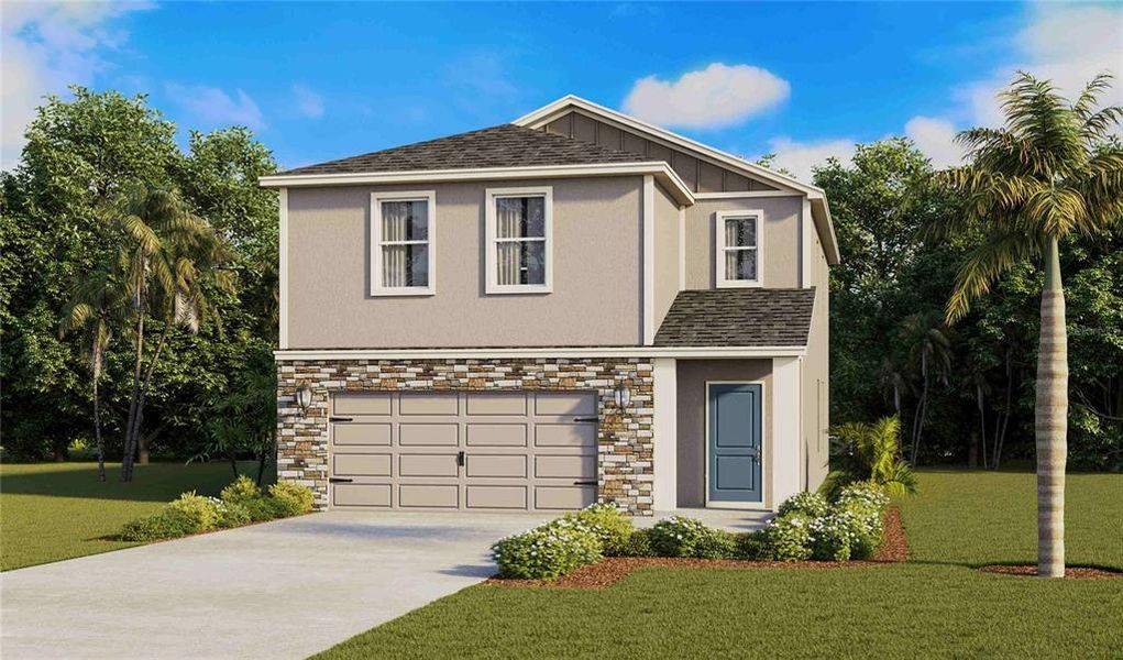 Front exterior of a new home in Archer at Two Rivers, Zephyrhills, FL, highlighting curb appeal (Image 1). Front exterior of a new home in Archer at Two Rivers, Zephyrhills, FL, highlighting curb appeal (Image 1).