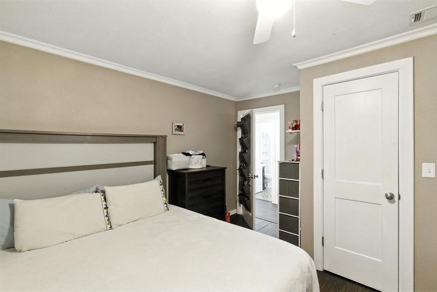 Bedroom featuring ornamental molding, dark wood finished floors, and ceiling fan