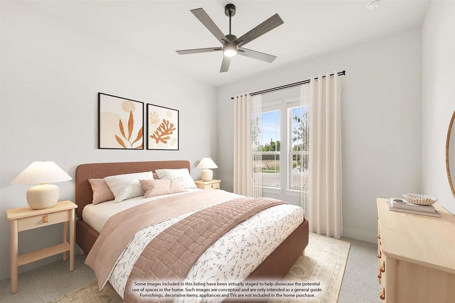 Bedroom with queen bed, ceiling fan, large window, and light wood furniture on carpet flooring