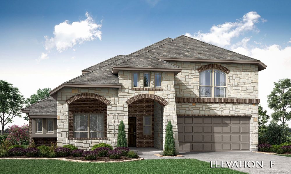 Two-story home with stone and brick exterior, arched entry, and two-car garage, Elevation F