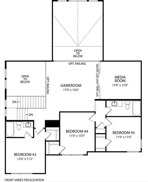 A versatile floor plan showcasing a spacious gameroom, media room, and multiple bedrooms for comfortable living. A versatile floor plan showcasing a spacious gameroom, media room, and multiple bedrooms for comfortable living.