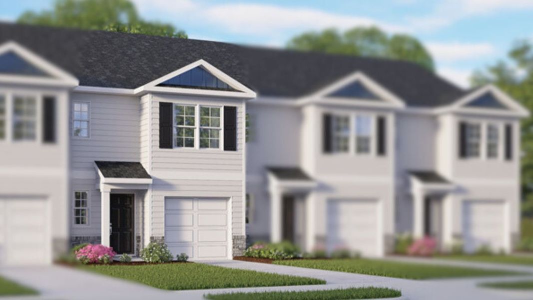 Front exterior of a new home in Edinborough Townes, Gibsonville, NC, highlighting curb appeal (Image 1).