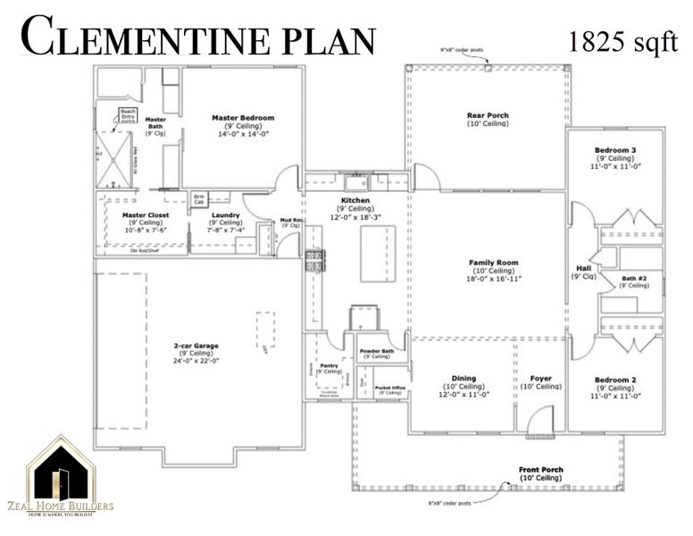 2D floor plan layout for the Clementine by Zeal Home Builders in Saddle Crest Estates, Weatherford, TX (Image 3).
