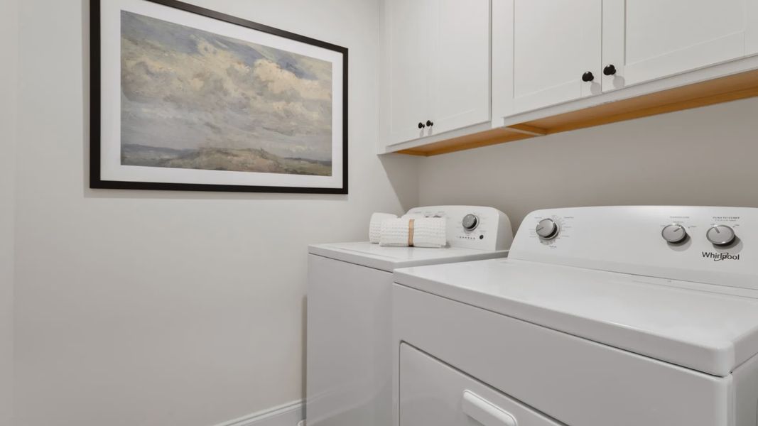 Stonefield home plan laundry room with cabinets for storage Stonefield home plan laundry room with cabinets for storage