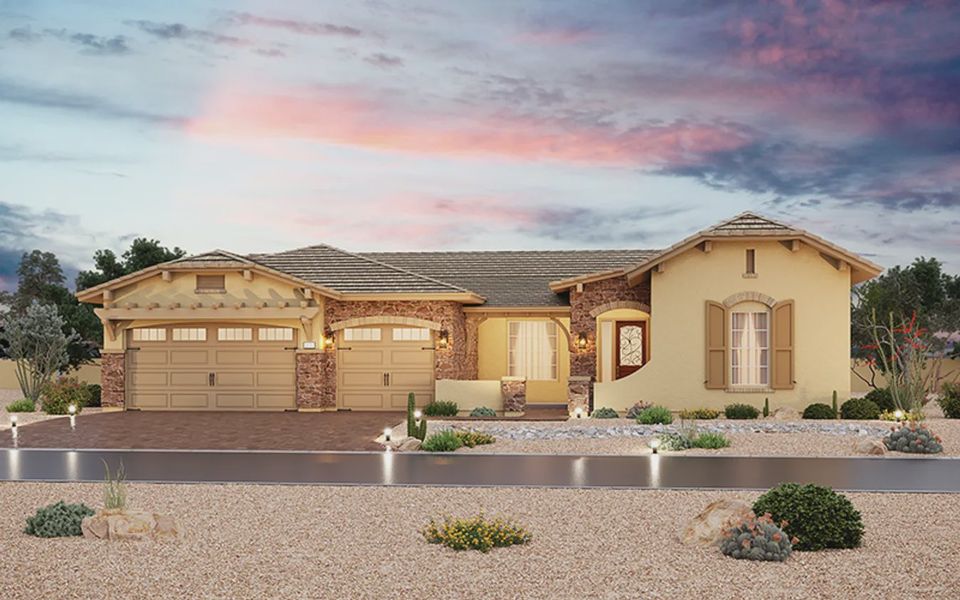 Front exterior of a new home in Bellero Estates, Queen Creek, AZ, highlighting curb appeal (Image 21).
