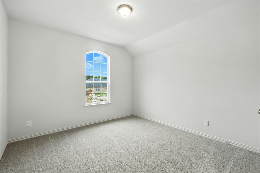 Empty room with light carpet and lofted ceiling