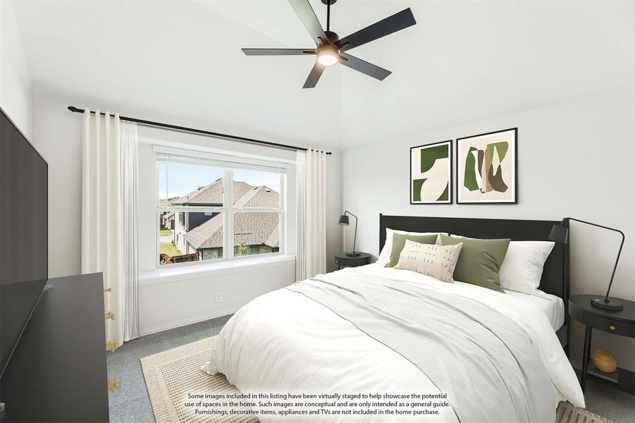 Bedroom with dark wood bed frame, ceiling fan, large window, and white walls