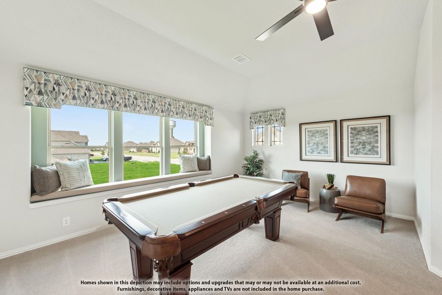 Game room with pool table, window seat, ceiling fan, and large windows overlooking neighborhood Game room with pool table, window seat, ceiling fan, and large windows overlooking neighborhood