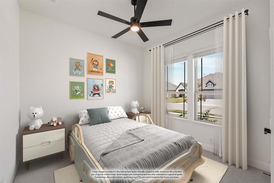 Children's bedroom with wood-frame bed, animal art gallery wall, ceiling fan, and large window with curtains Children's bedroom with wood-frame bed, animal art gallery wall, ceiling fan, and large window with curtains