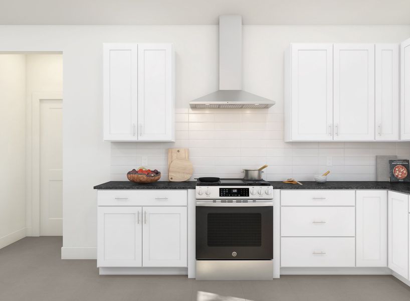 White cabinets with subway tile backsplash and stainless steel appliances