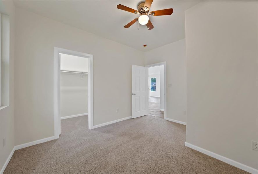 Unfurnished bedroom featuring carpet, a walk in closet, and a ceiling fan