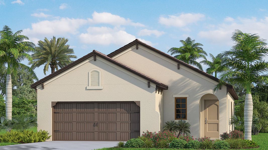 Front exterior of a new home in Vicenza Real Estate and Homes for Sale in North Venice, FL - Neal Communities, Nokomis, FL, highlighting curb appeal (Image 4).