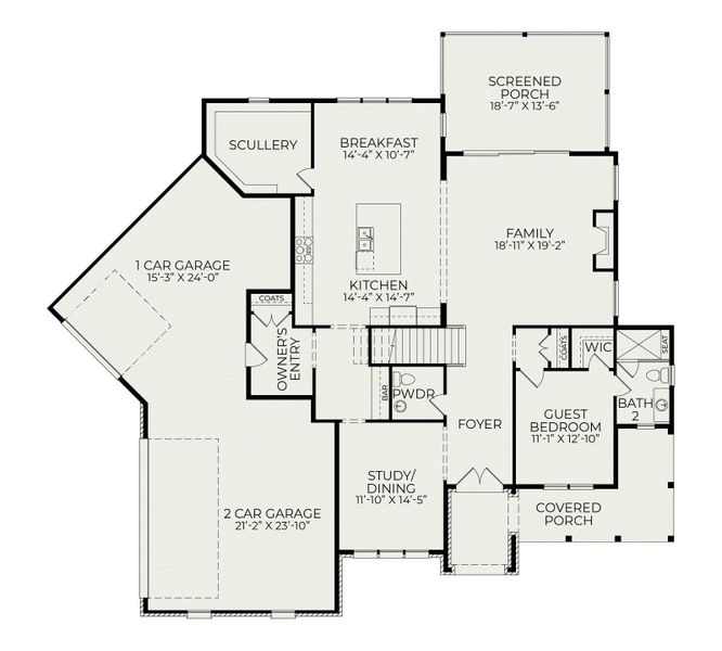2D floor plan layout for the Delaney English Cottage by Homes by Dickerson in Corbett Landing, Pittsboro, NC (Image 2). 2D floor plan layout for the Delaney English Cottage by Homes by Dickerson in Corbett Landing, Pittsboro, NC (Image 2).