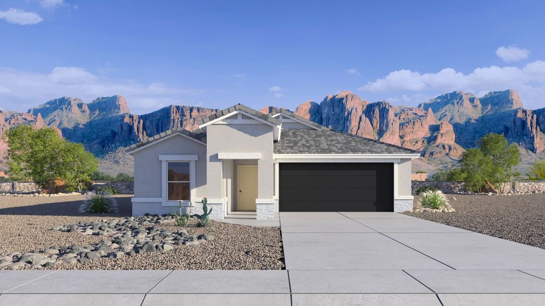 Front exterior of a new home in Remington, Buckeye, AZ, highlighting curb appeal (Image 1). Front exterior of a new home in Remington, Buckeye, AZ, highlighting curb appeal (Image 1).