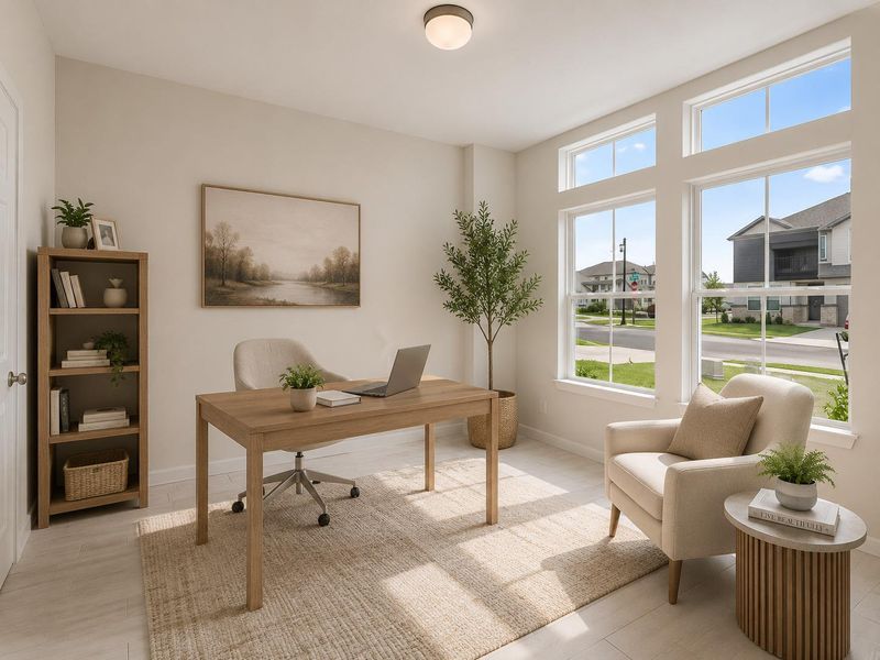 Natural light floods this versatile home office, offering serene neighborhood views and a productive atmosphere.
